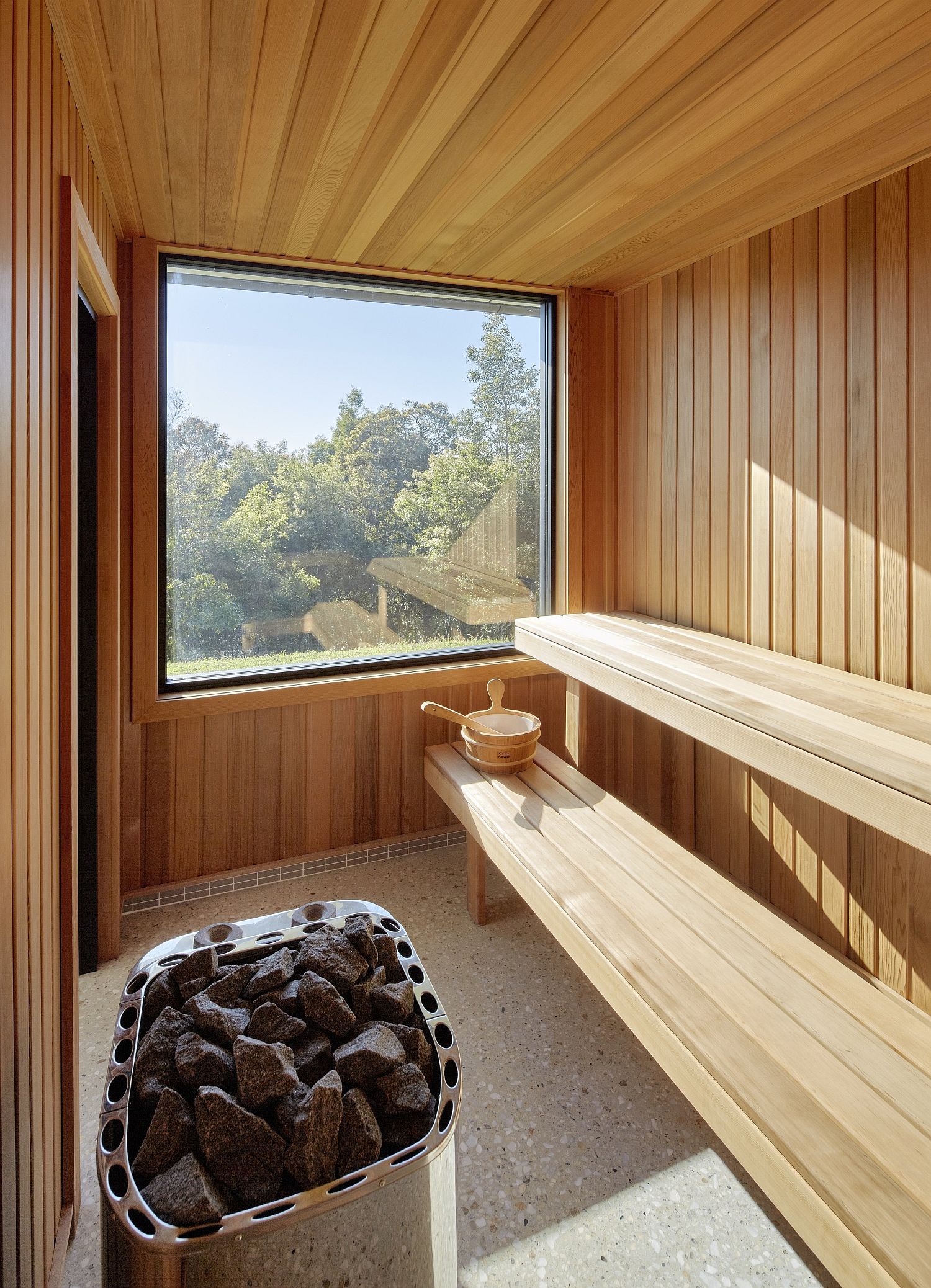 Wooden sauna overlooking the valleys beyond