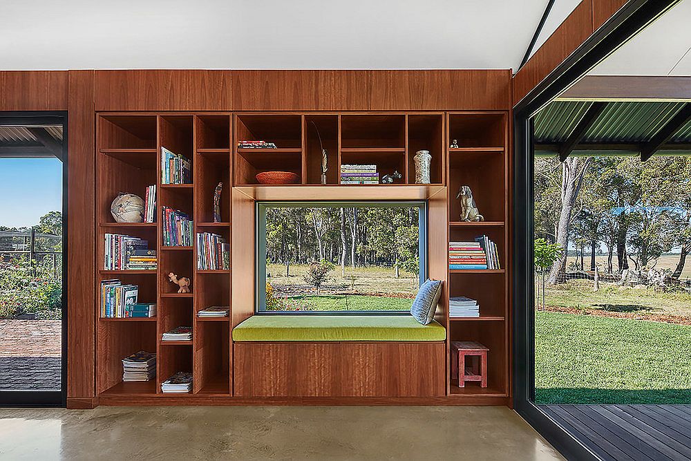 Wooden shelves and TV entertainment unit of the farm house