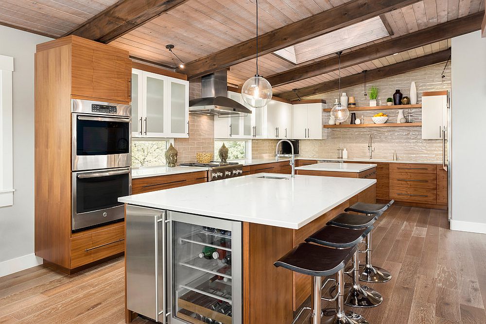 Adding ceiling beams gives the kitchen a cozy, inviting appeal