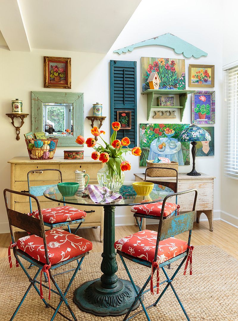 Bright and beautiful shabby chic dining room full of color