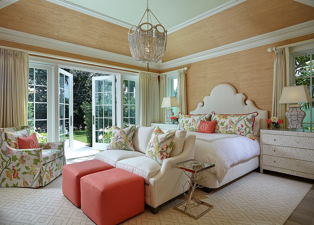 Coral-pops-and-accents-along-with-floral-pattern-for-the-bedroom