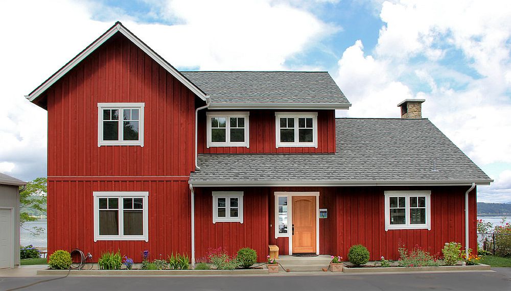 Dashing red and gray exterior of the Scandinavian style home