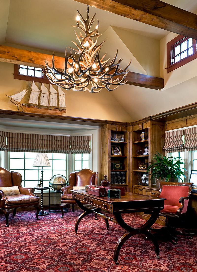 Exquisite chandelier steals the spotlight in this traditional home office