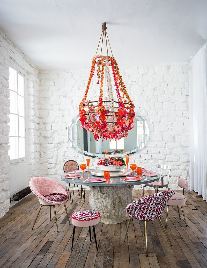 Fabulous shabby chic dining room with floral beauty and pops of pink