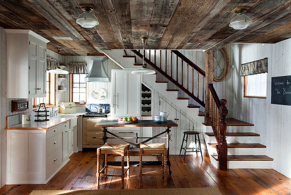 Gorgeous modern farmhouse kitchen with wooden ceiling and floor