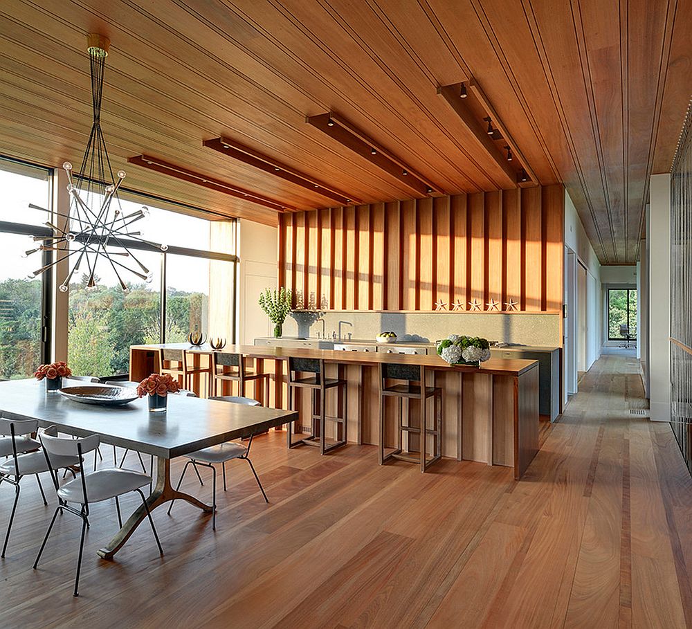 Lighting adds to the appeal of the lovely wooden ceiling