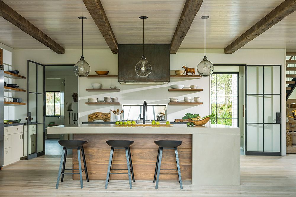 Modern kitchen with wooden ceiling creates a smart and relaxing backdrop