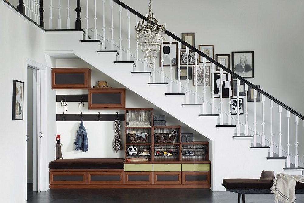 Mud room and smart organizer for the space under the staircase