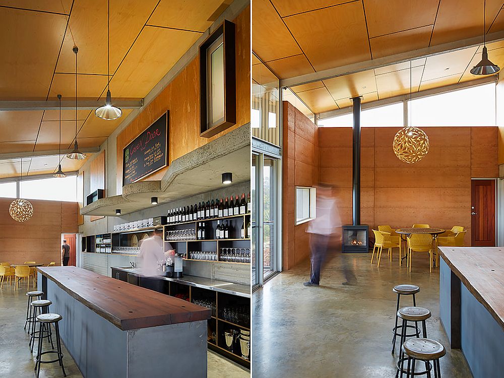 Plywood, sand-blasted concrete and metal shape the interior of the winery