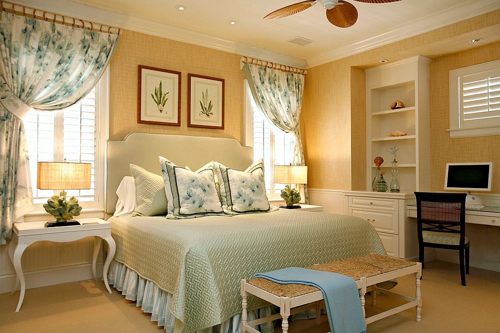 Pretty-grasscloth-wallcovering-for-the-tropical-bedroom-in-light-yellow