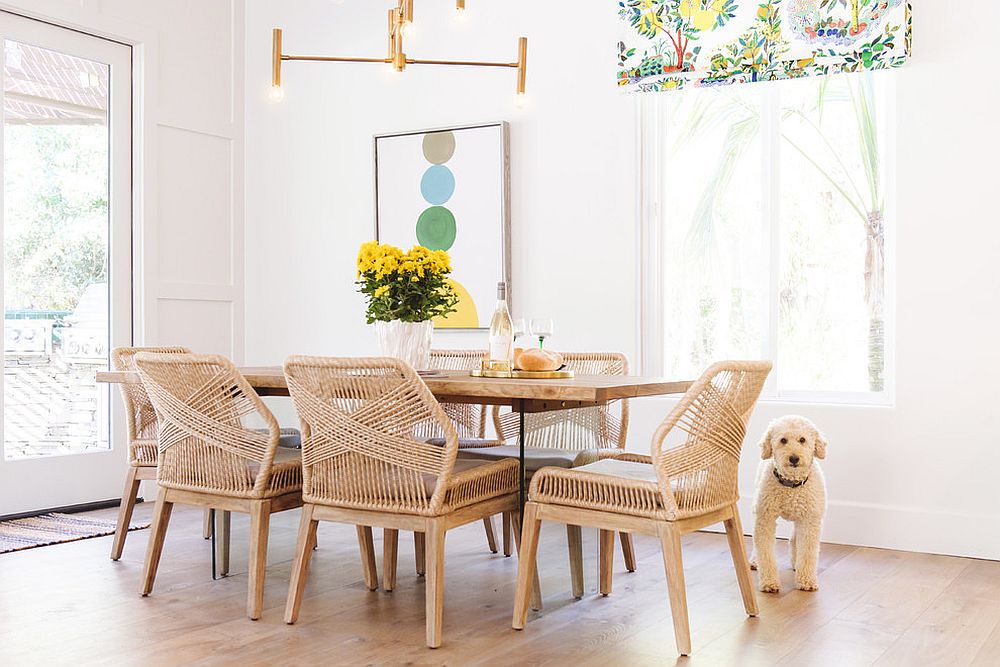 Rattan and bamboobring natural charm to a beach style dining room