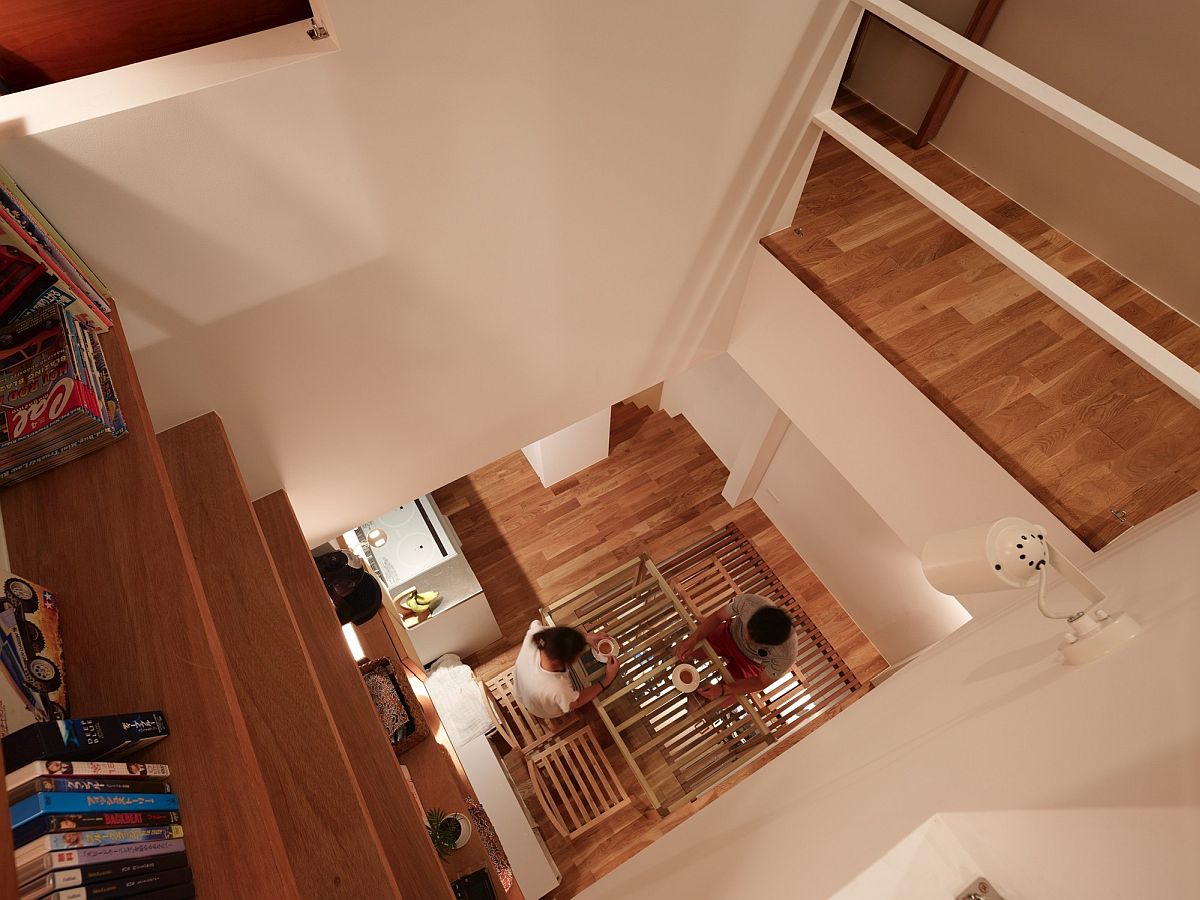 Wooden slats placed across the various levels of the house