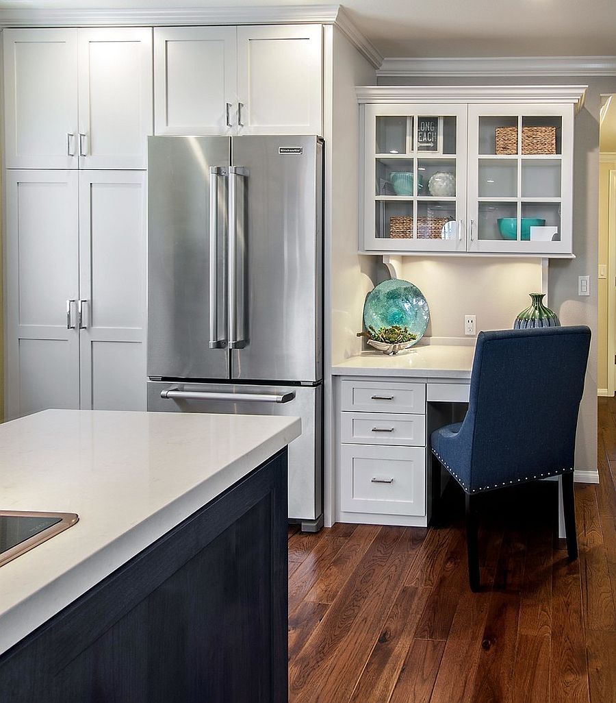 Beach style kitchen with tiny home office