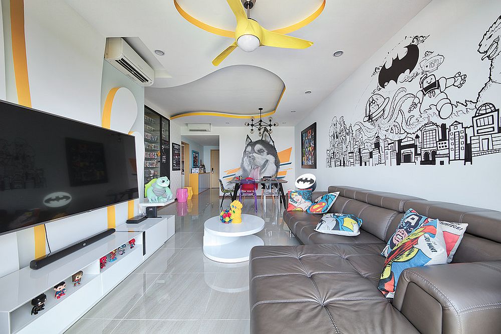 Black-and-white-eclectic-kids-room-with-smart-yellow-accents-that-are-cleverly-placed