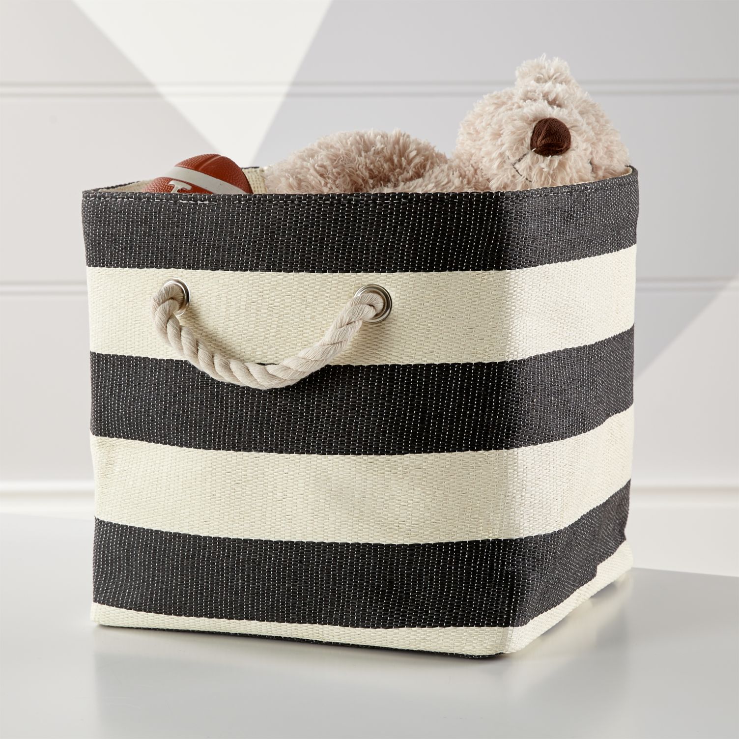 Black and white striped storage bin with rope handle