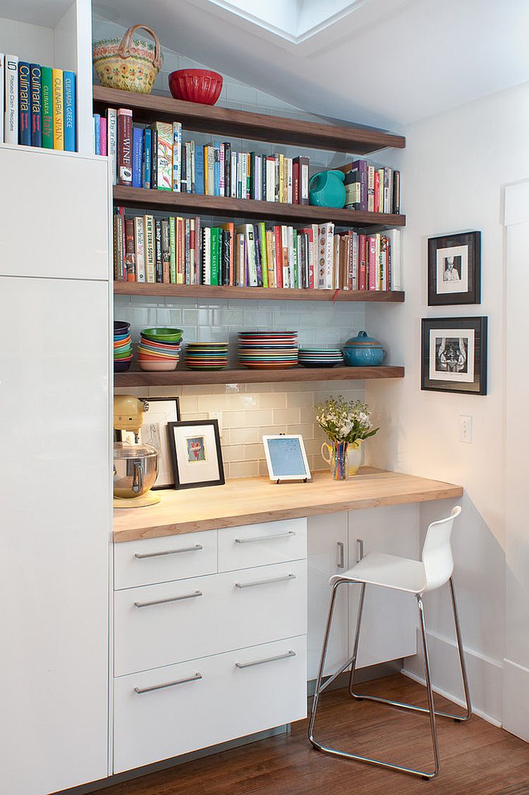 Clearing a simple corner counter in the kitchen frees up space for a functional office setting