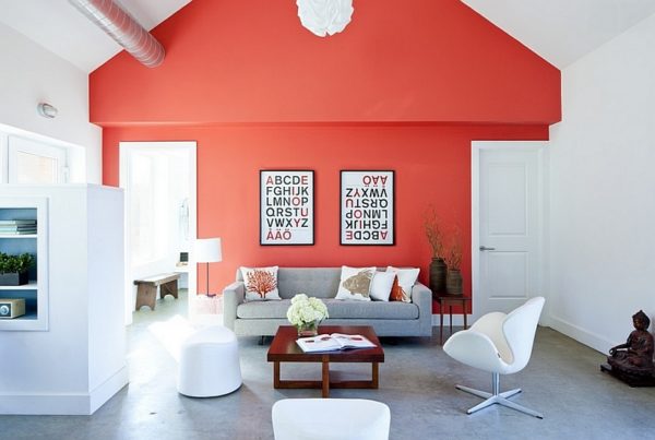 Dark Coral Accent Wall For The Modern Living Room In White 600x403 
