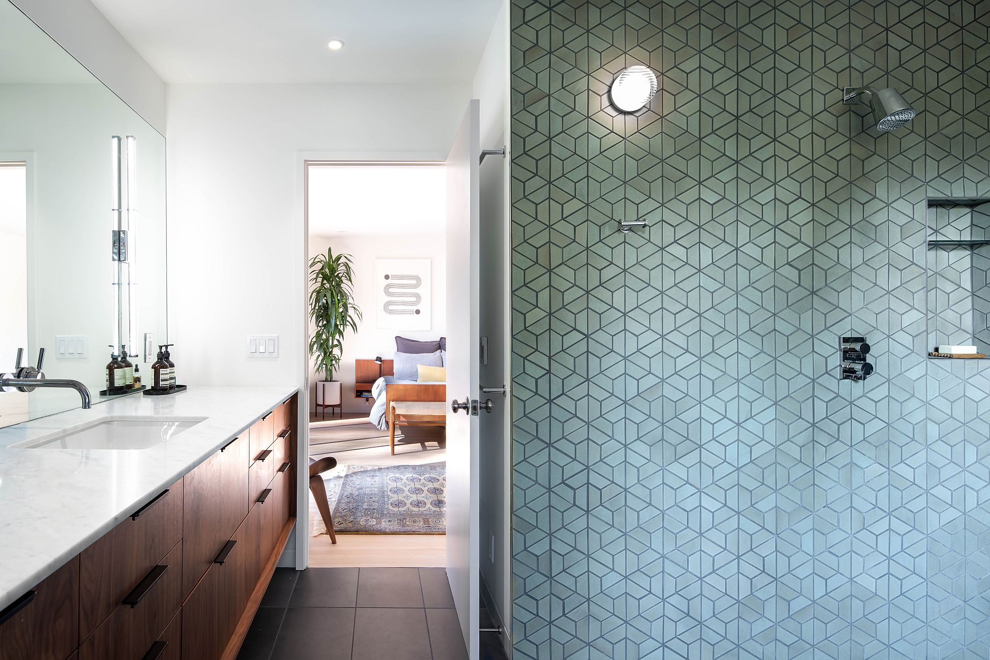 Dashing makeover of the bathrooms with custom sink design and a smart backdrop