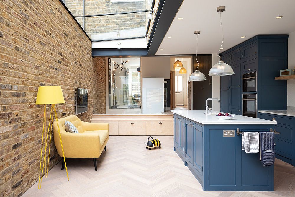 Delightful blend of blue, yellow and brick in the kitchen