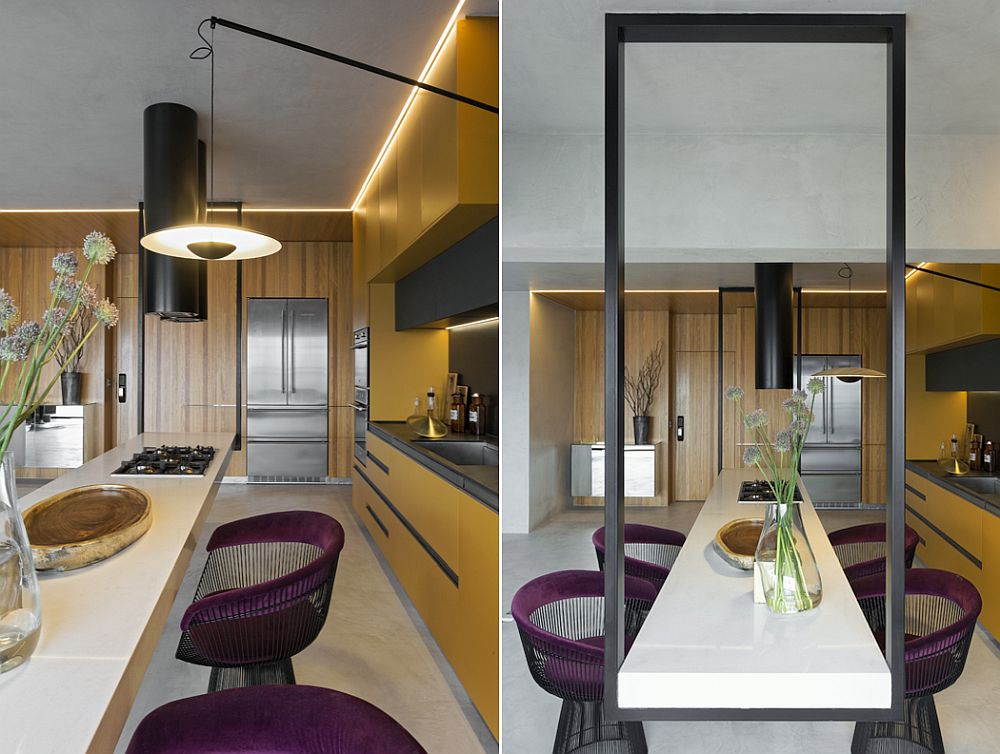 Innovative use of pendant lighting along with strip LED lights in the kitchen
