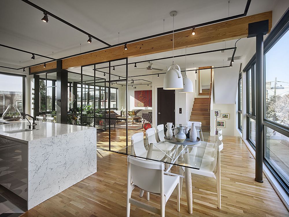 Stunning-use-of-marble-and-white-on-the-kitchen-level-of-the-multi-level-house-in-Philadelphia