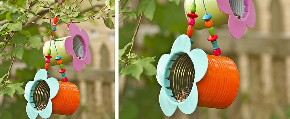 Beautiful DIY tin can flower bird feeder