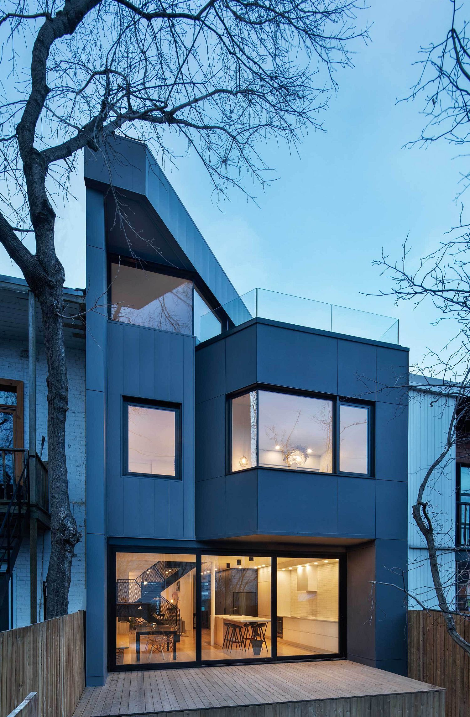 Blue rear facade of the contemporary residence in Canada