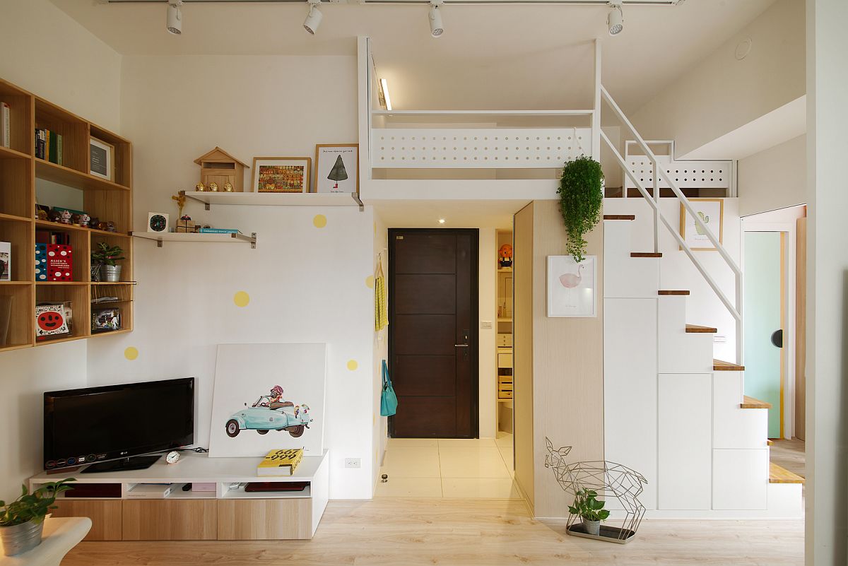 Corner stand for TV along with wooden shelf for the tiny living room