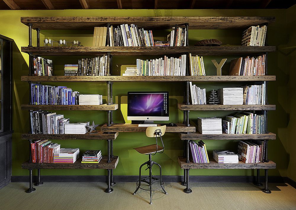 Custom industrial shelf designed to add rustic touch to the living room