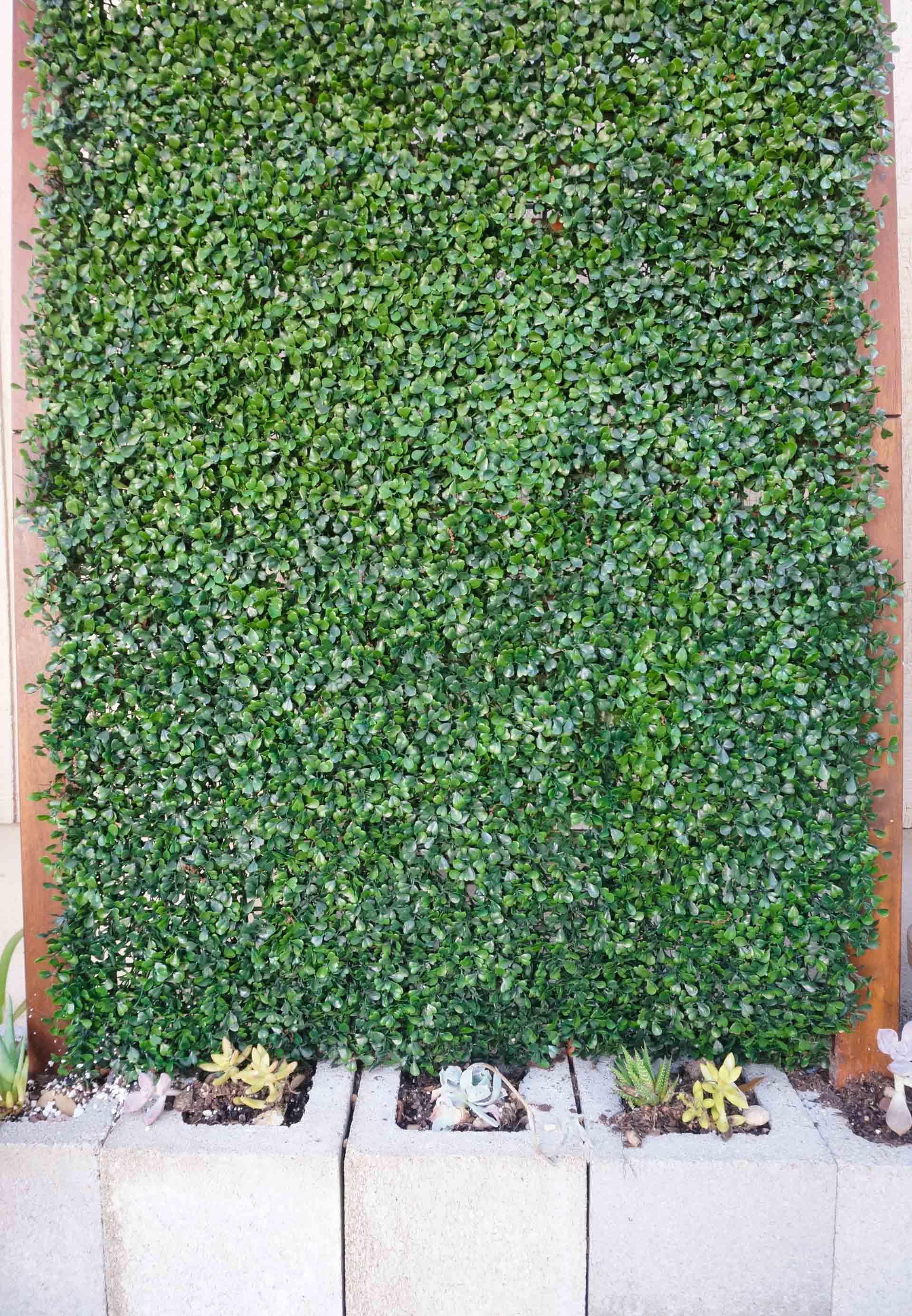 Faux boxwood creates an evergreen feel