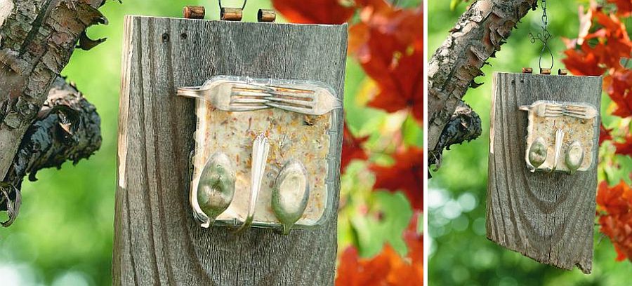 Gorgeous homemade bird feeder made from recycled silverware