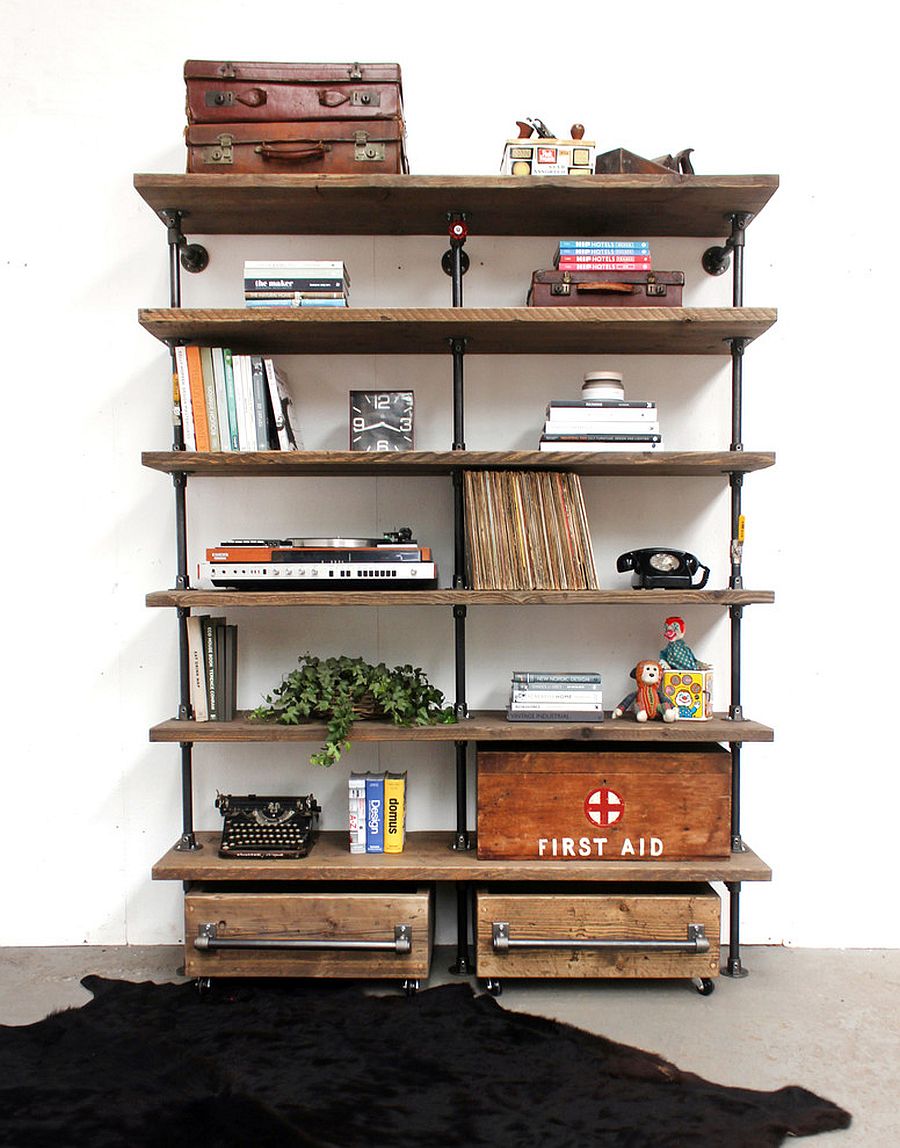 Industrial and reclaimed aura brought in by the living room shelf in wood and metal