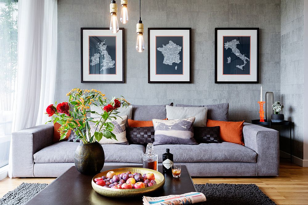 Lovely little gray living room with smart Edison bulb lighting