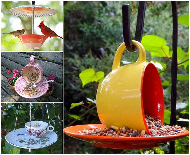 Many variants of the popular teacup bird feeder