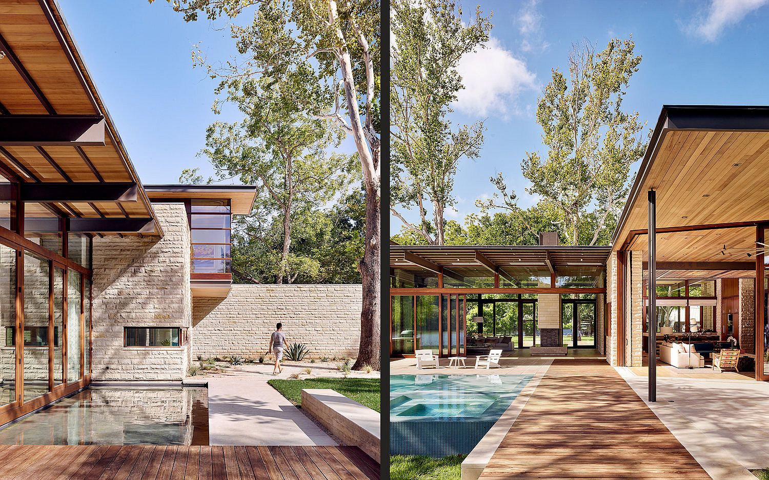 Seemingly floating wooden roof of the house gives it an airy appeal