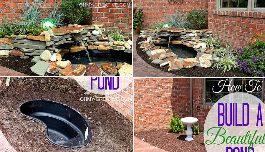 Small-and-cheap-DIY-pond-with-a-waterfall-and-rocks-all-around