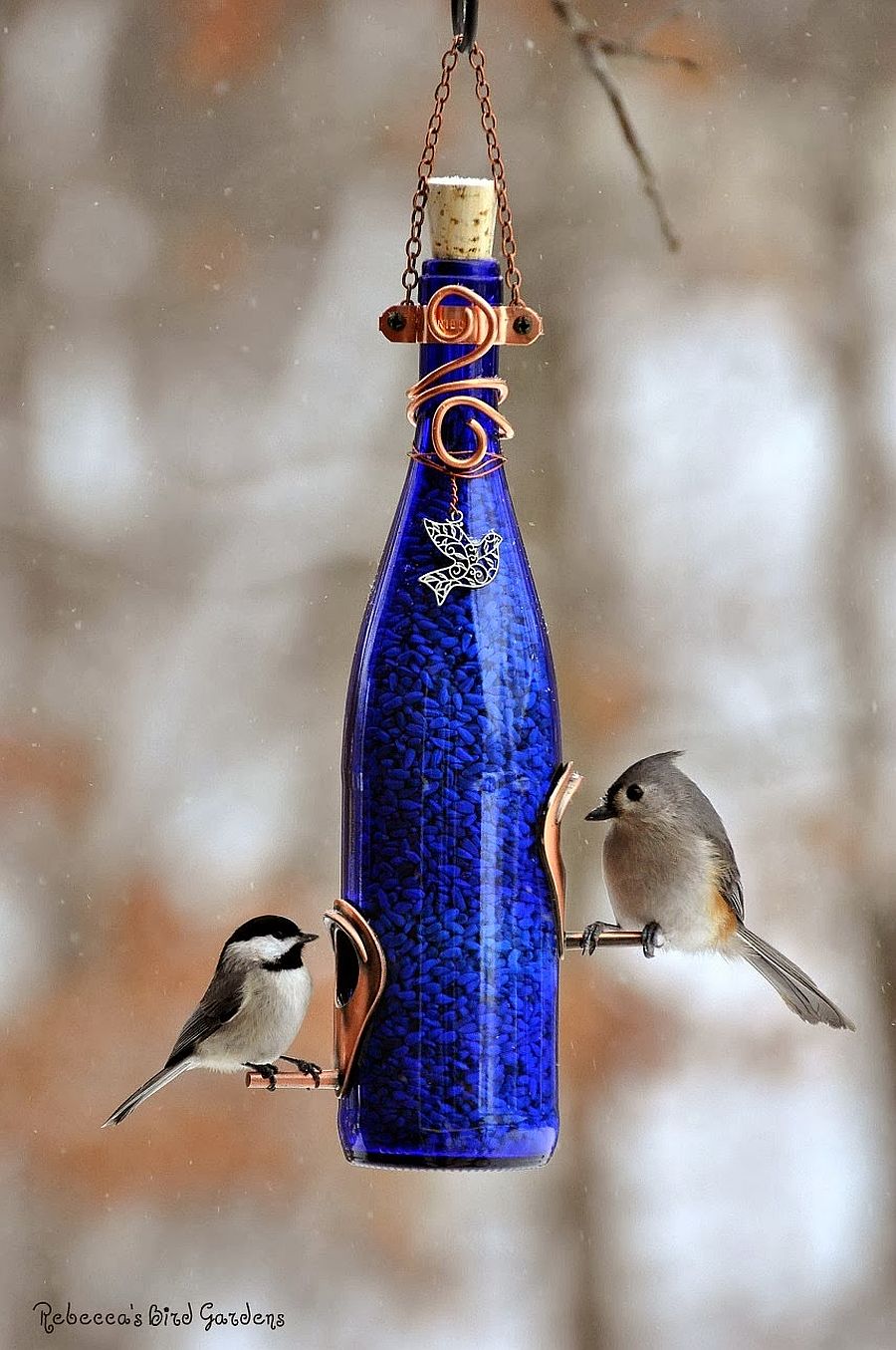 Wine bottle bird feeders add charm to your garden all on their own