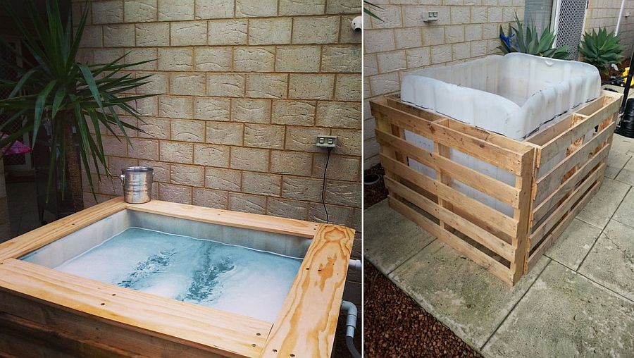 Wood pallet DIY hot tub with sauna feature