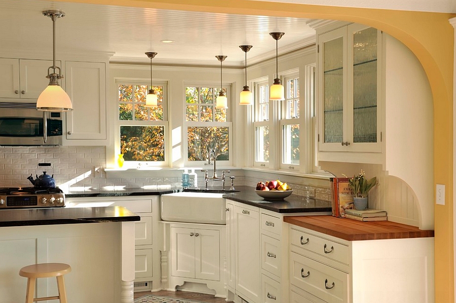 A sink in the corner along with the window above frees up space in the kitchen