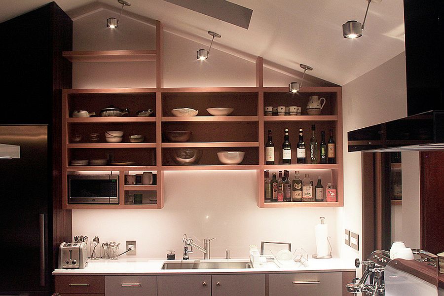 Adaptable shelf design ensures that the space above the countertop is utilized to the fullest