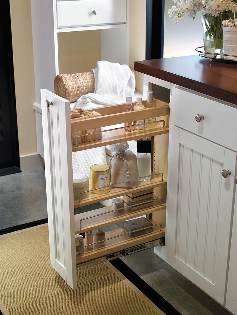 Adding a series of shelves and cabinets to improve storage options in the small kitchen