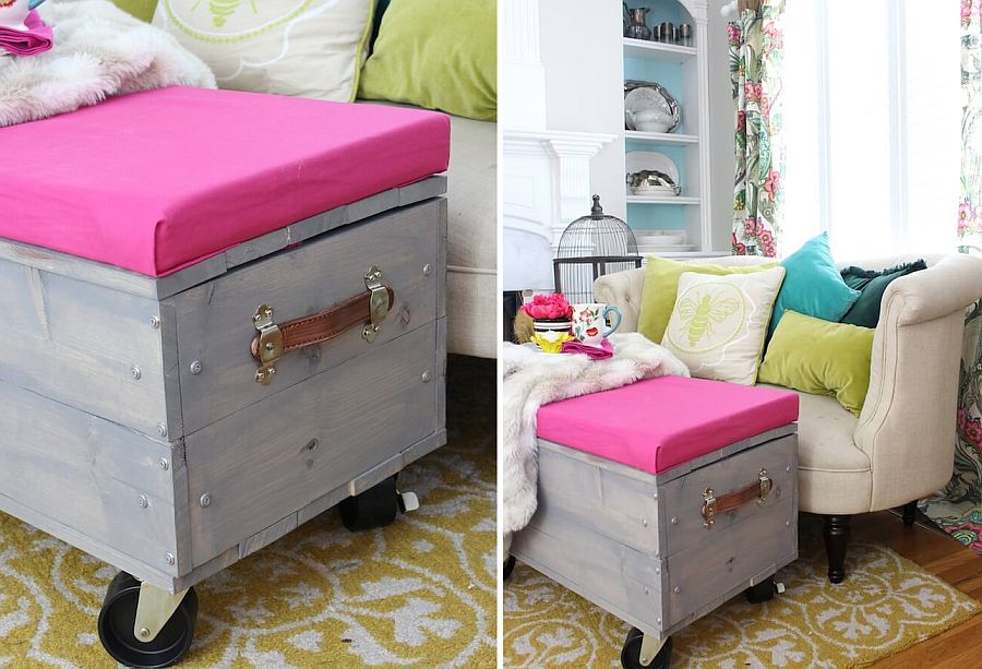 Awesome DIY ottoman on wheels with storage and a splash of pink