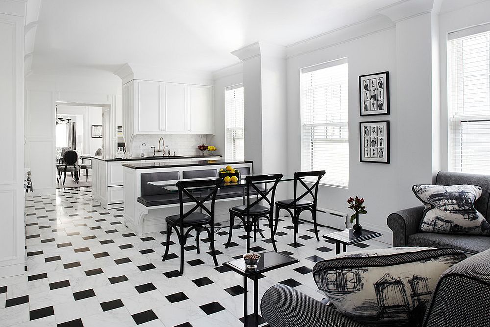 Awesome-black-and-white-kitchen-extends-the-theme-of-living-space-next-to-it