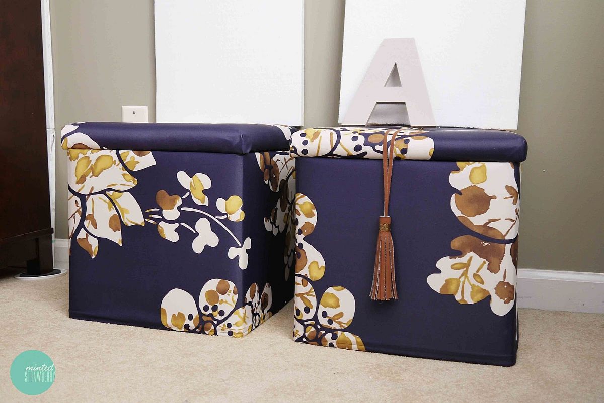 Bold purple DIY ottomans with storage and pattern