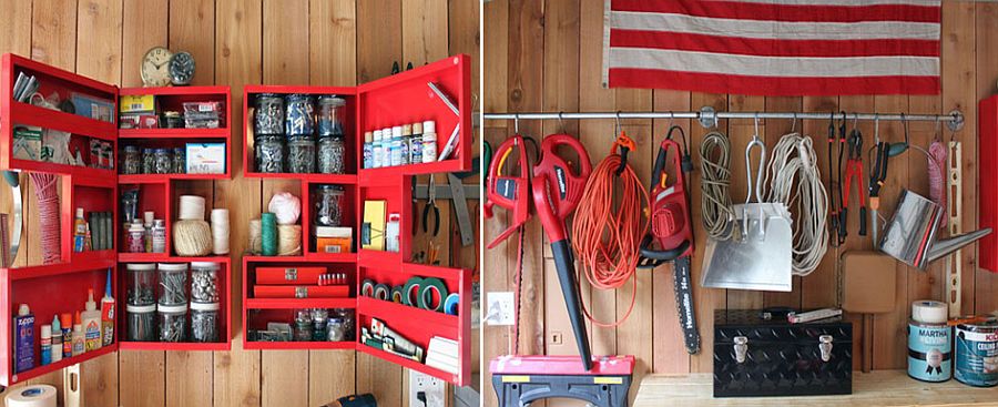 Clever use of open medicine cabinets in red for the garage along with a plumbing pipe