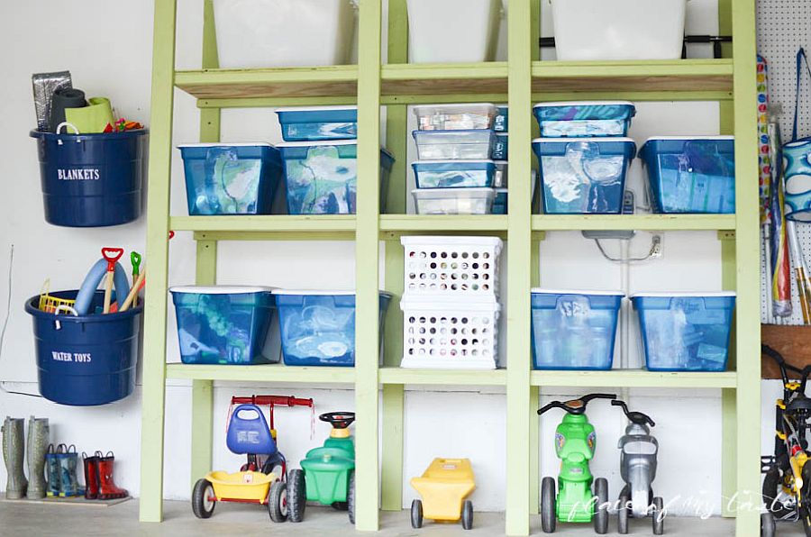 Create a custom garage storage wall using shelves, bins and baskets!