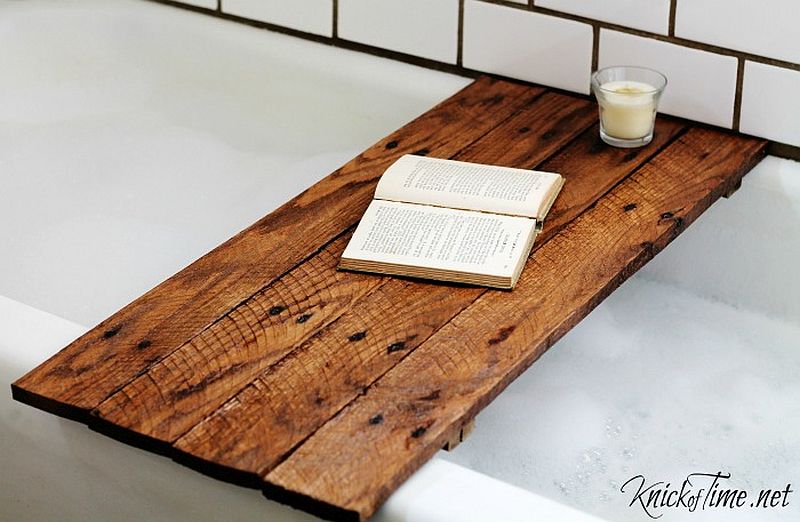 Custom DIY wooden table for the bathtub