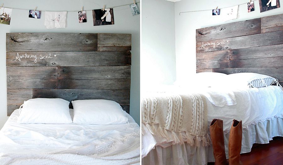 Custom-crafted DIY headboard made from reclaimed wood