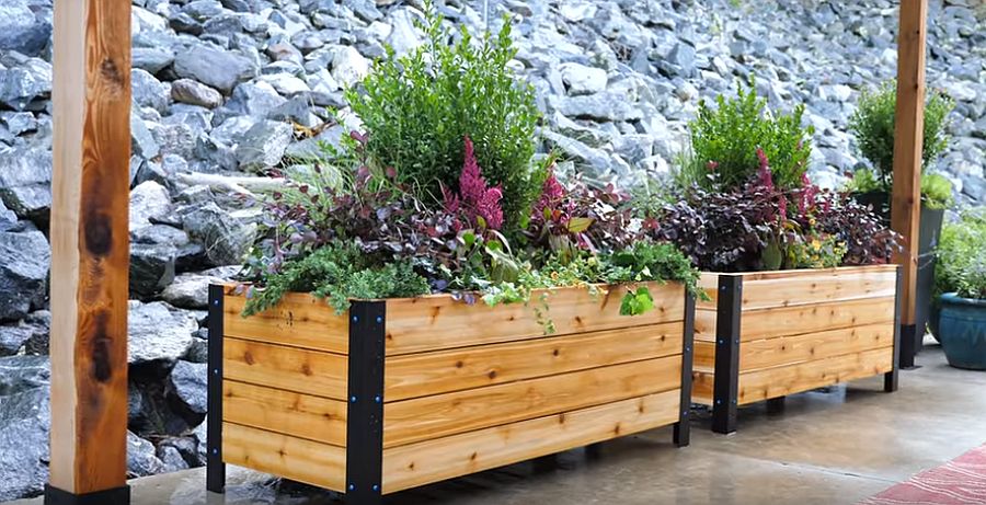 DIY modern raised planter box made from cedar and steel