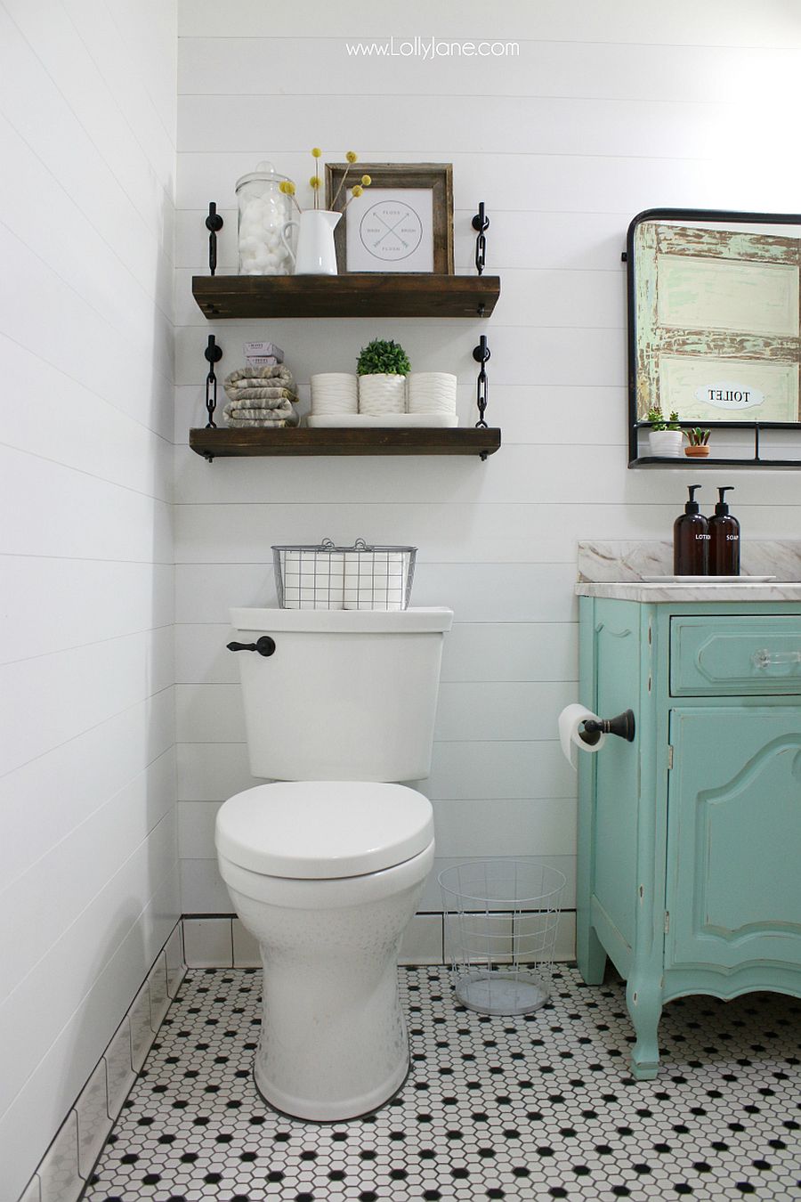 DIY turnbuckle shelves look as good in the modern bathroom as they do in farmhouse space
